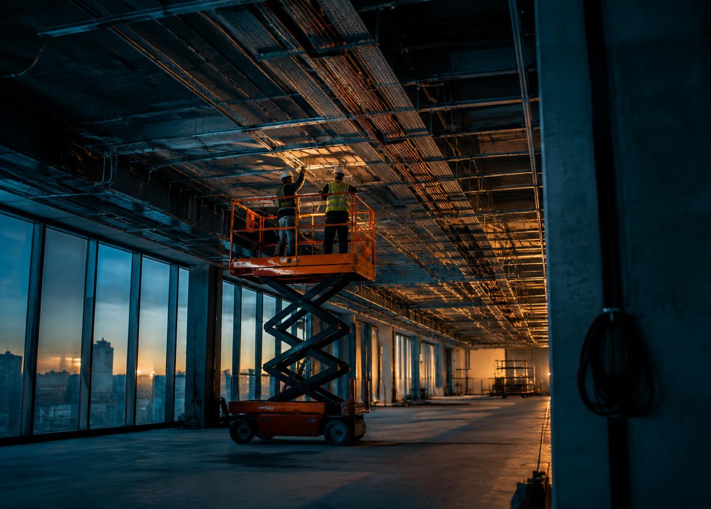 Commercial construction site with electrical infrastructure being installed