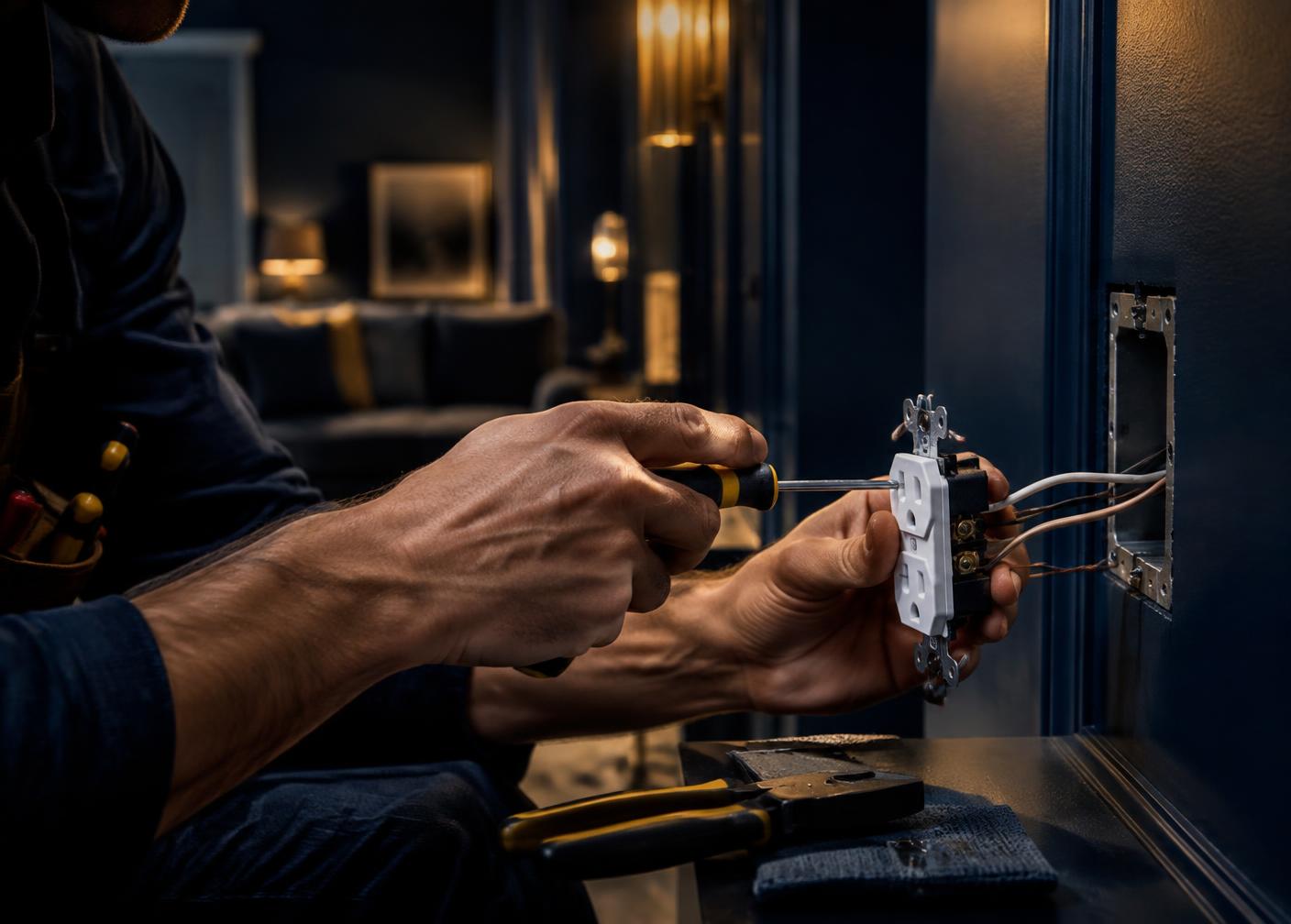 Hands repairing wiring inside a junction box in a modern home