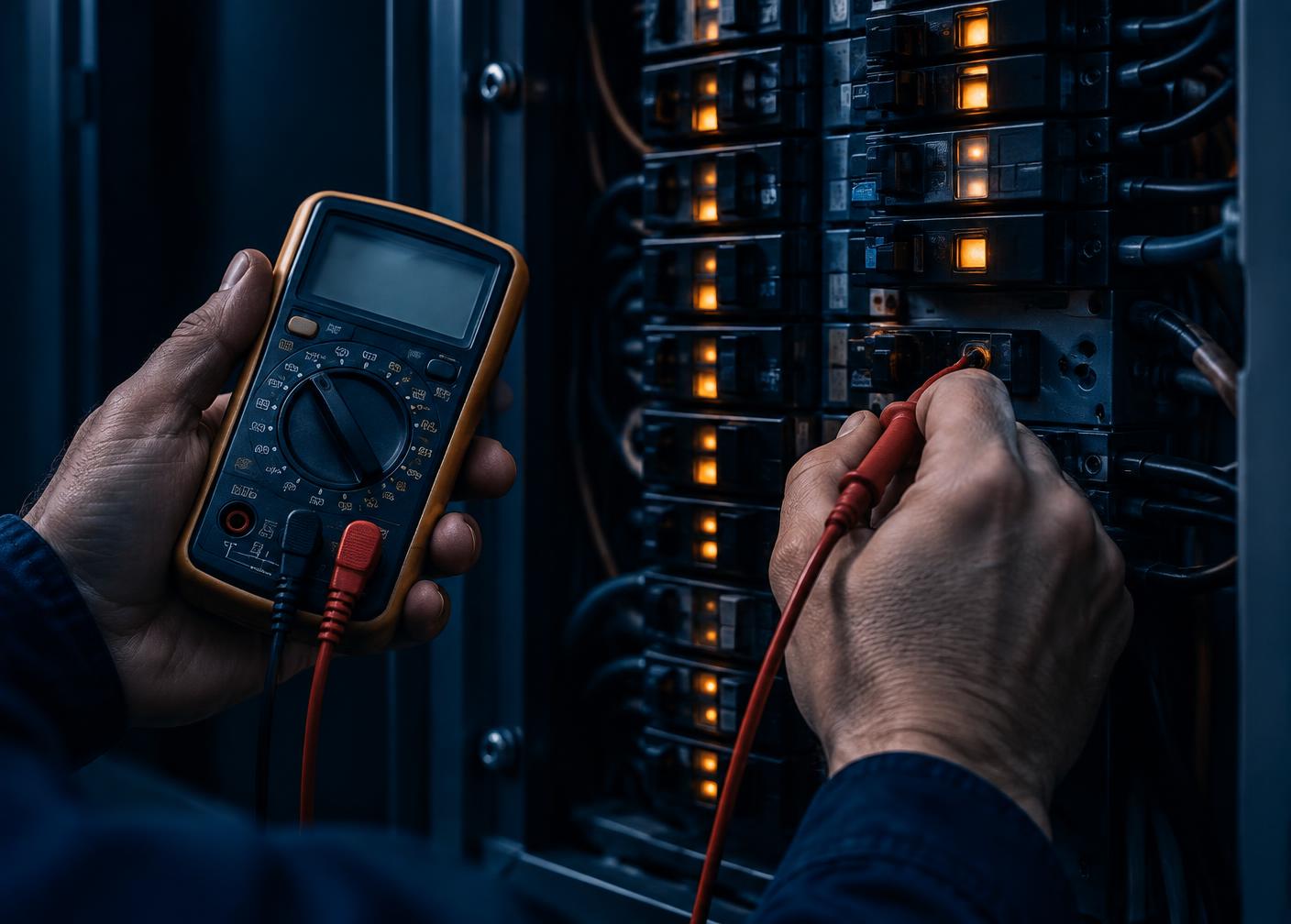 Electrician testing circuits inside an open electrical panel with a meter