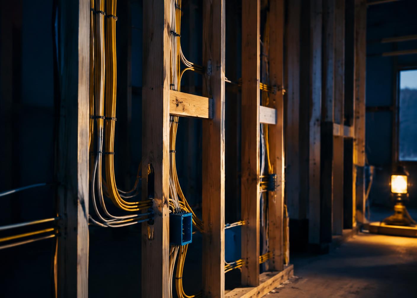 Electrician carefully routing new wiring inside a building under construction